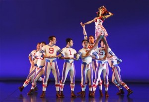 This photo provided by Joan Marcus on Aug. 28, 2015 shows ballerina Misty Copeland in the musical "On the Town" at the Lyric Theatre in New York. Until Sept. 6, 2015 Copeland will play Miss Turnstiles, a love interest for one of three sailors enjoying a few hours of shore leave in 1940s New York. (Joan Marcus via AP)