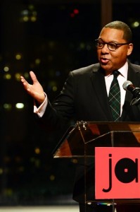 This Thursday, Dec. 17, 2015 photo provided by Jazz at Lincoln Center shows, JALC Managing and Artistic Director, Wynton Marsalis, at "Big Band Holidays" concert at the Rose Theater in New York. The Queen of Soul, Aretha Franklin, made a surprise appearance at the House of Swing, helping the Jazz at Lincoln Center Orchestra usher in the holiday season at their first concert in their newly refurbished home. (Frank Stewart/Jazz at Lincoln Center via AP)