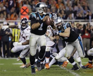 Carolina Panthers Cam Newton (1) runs out of the pocket against the Carolina Panthers during the second half of the NFL Super Bowl 50 football game Sunday, Feb. 7, 2016, in Santa Clara, Calif. (AP Photo/Julio Cortez)